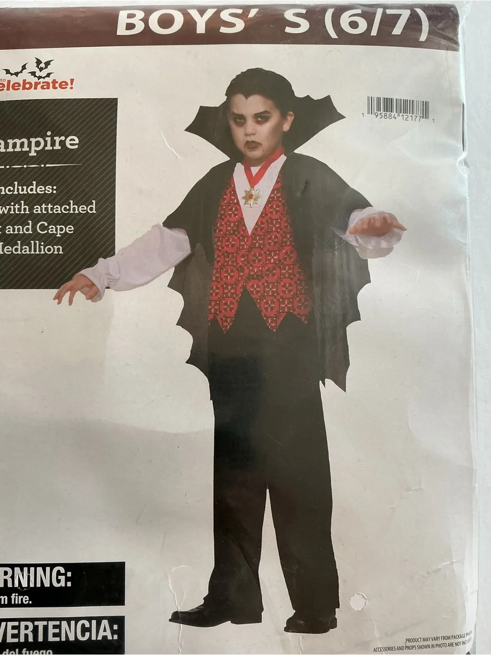 New Vampire Costume Boys' Size S 6/7 3pc Shirt w/ Attached Vest Cape & Medallion